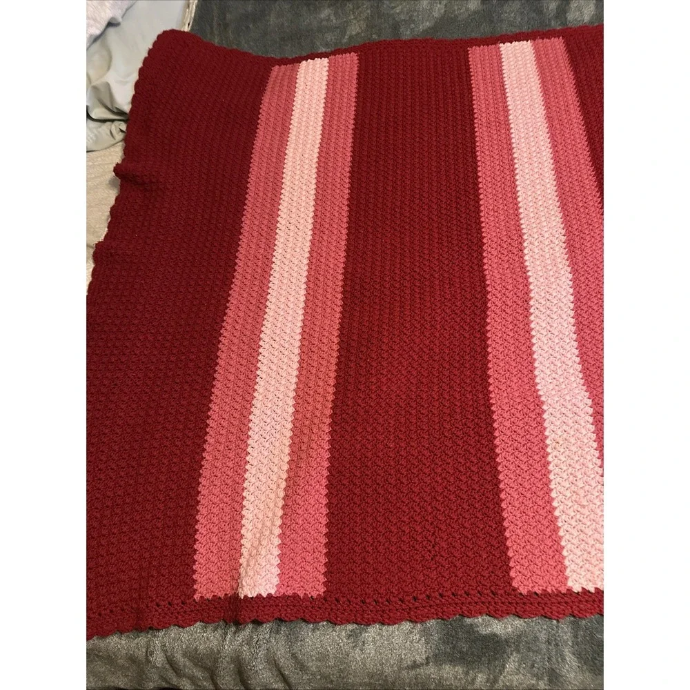 Crochet  Lap Throw Blanket Pinks Red Striped Scalloped Edge 68